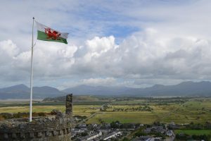 Welsh Flag over the Welsh countryside